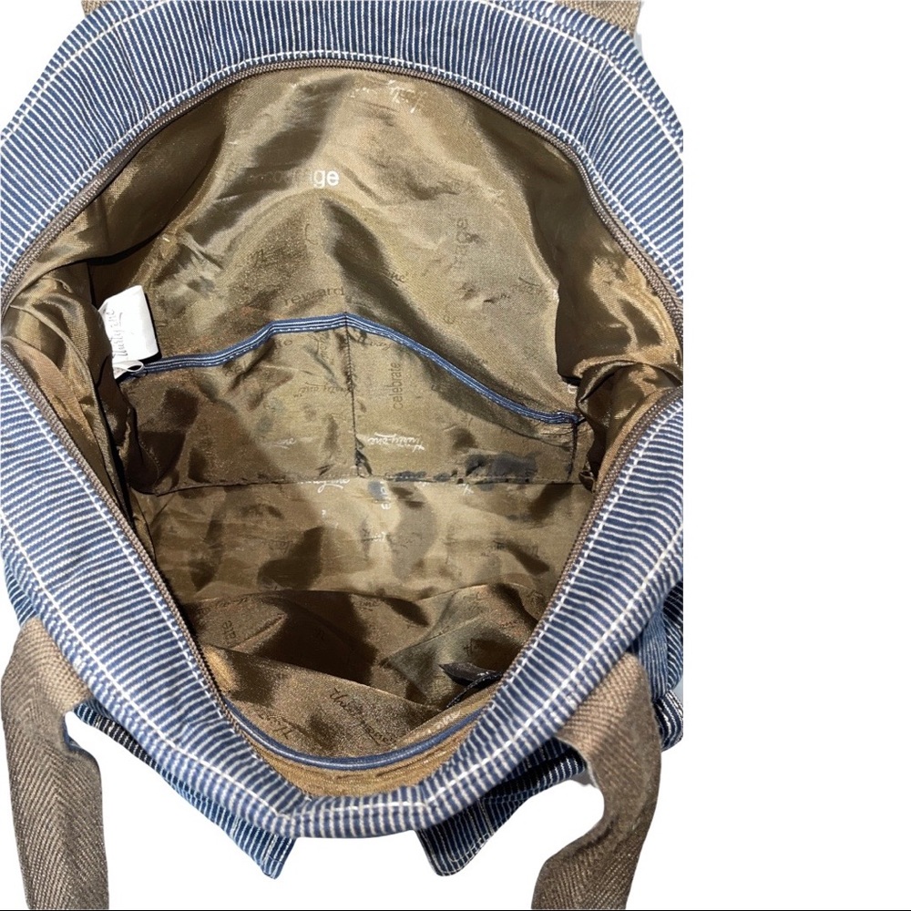 Thirty-One Handbag Tote Cargo Railroad Blue Pinstripe Denim Canvas Straps - Picture 6 of 6